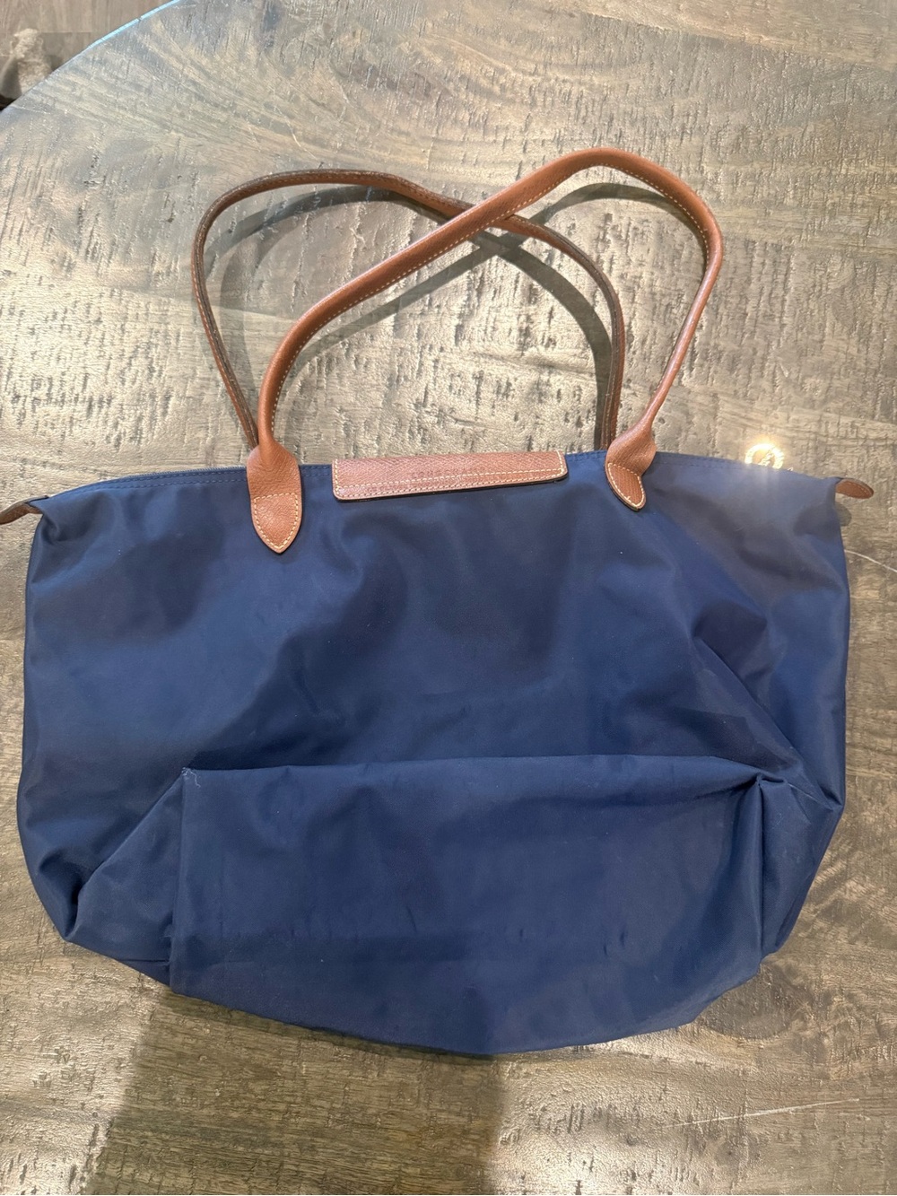 Longchamp Navy Nylon Large Le Pliage Tote with Brown Leather Trim - Picture 3 of 9